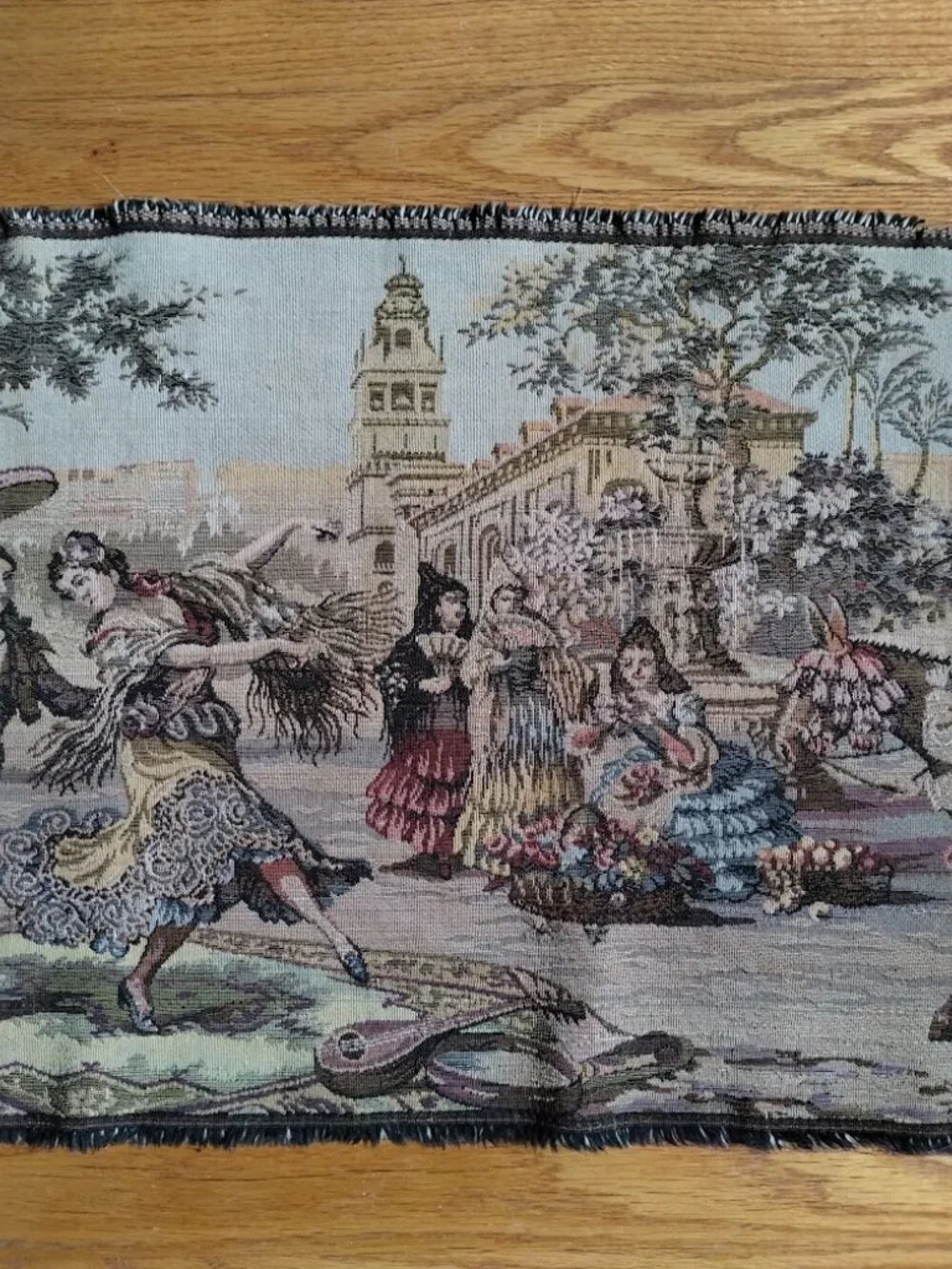 VTG Italian Wall Hanging Wide Tapestry Depicting Town Square Socializing & Party